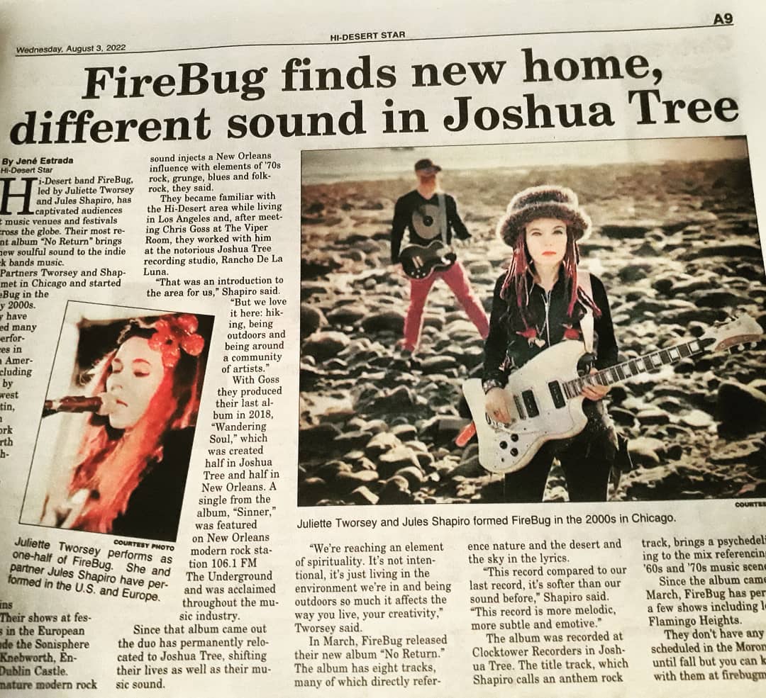 JUST IN: FireBug article TODAY in our local newspaper the Hi-Desert Star!  Thank you  Jené Estrada for the awesome feature and interview! Really great YEAH! #hidesertstar #joshuatree #featuredartist #localmusic #ranchodelaluna #yuccavalley #morongobasin #desertrock #firebugmusic