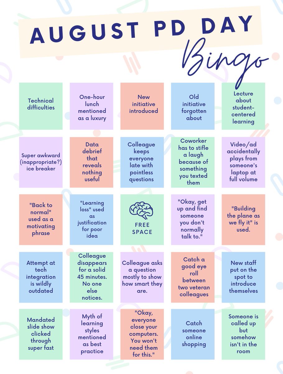 Alright friends, 

It's August. PD is coming. Here's the bingo board. 

What am I missing?