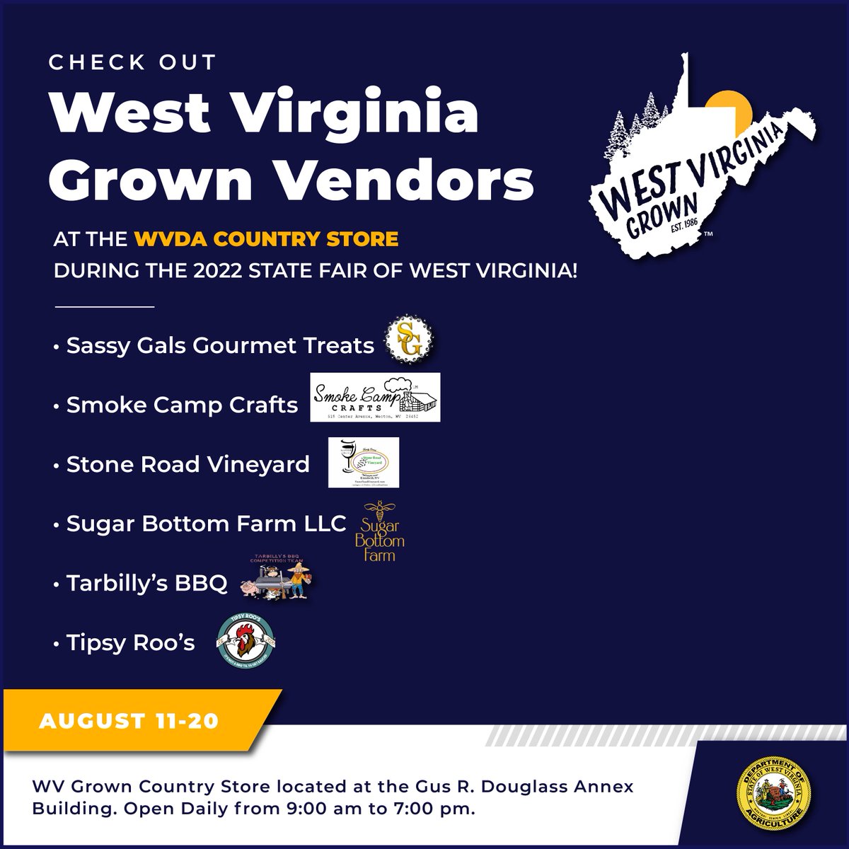 The countdown is on to the @SFWV Aug. 11-20! You don't want to miss the WV Country Store in the Gus R. Douglass Annex. We have 40+ vendors sampling their WV grown products! Here are just a few. We're open from 9am-7pm.
