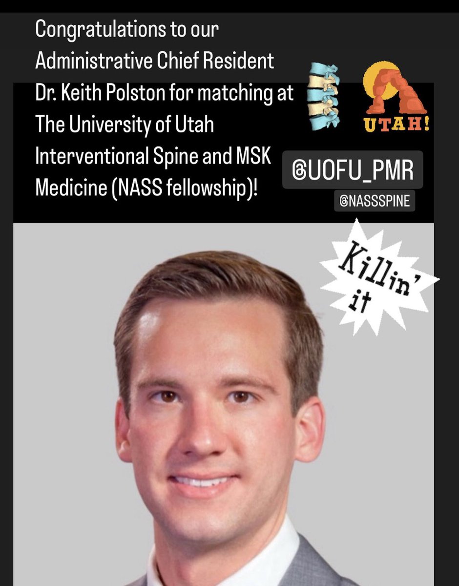Congratulations to our Administrative Chief <a href="/polstonMD/">Keith Polston</a> for matching <a href="/UofU_PMR/">UofU PM&R</a> for Interventional Spine and MSK medicine <a href="/NASSspine/">NASS</a> accredited fellowship! Great work! 💪🏻 👏🏼 
#Physiatry #Spine #Fellowship #Kansas <a href="/AAPhysiatry_RFC/">AAP Resident Fellow Council PM&R</a> <a href="/AAPhysiatrists/">Assoc. of Academic Physiatrists (AAP)</a> @aapmr @pmrscholars <a href="/KUMC_GME/">University of Kansas Graduate Medical Education</a>