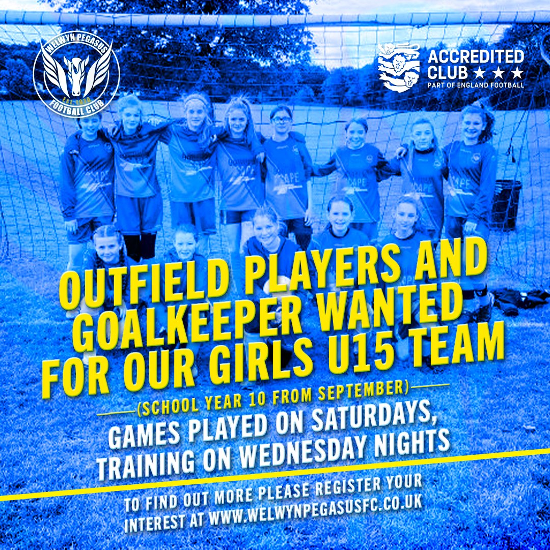 Inspired by the <a href="/lionesses/">Lionesses</a>?
Our Girls #U15 team is looking for a #goalkeeper and outfield players to join them ready for the start of the new 22/23 season.

Come and be part of our growing and thriving girls’ section.

#WeArePegasusFC <a href="/onherside1/">On Her Side</a> #thisgirlcan #LetGirlsPlay
