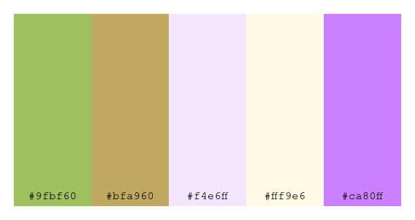 ColPaletteBot's tweet photo. Beep beep, here's a pretty color palette for you!
color-scheme.js parameters used:
- hue: 295
- variation: light
- colors: #9fbf60, #bfa960, #f4e6ff, #fff9e6, #ca80ff
Have a lovely evening!
#twitterbot #colorpalette #colors #palette #prettycolors https://t.co/0vfn49S3lv