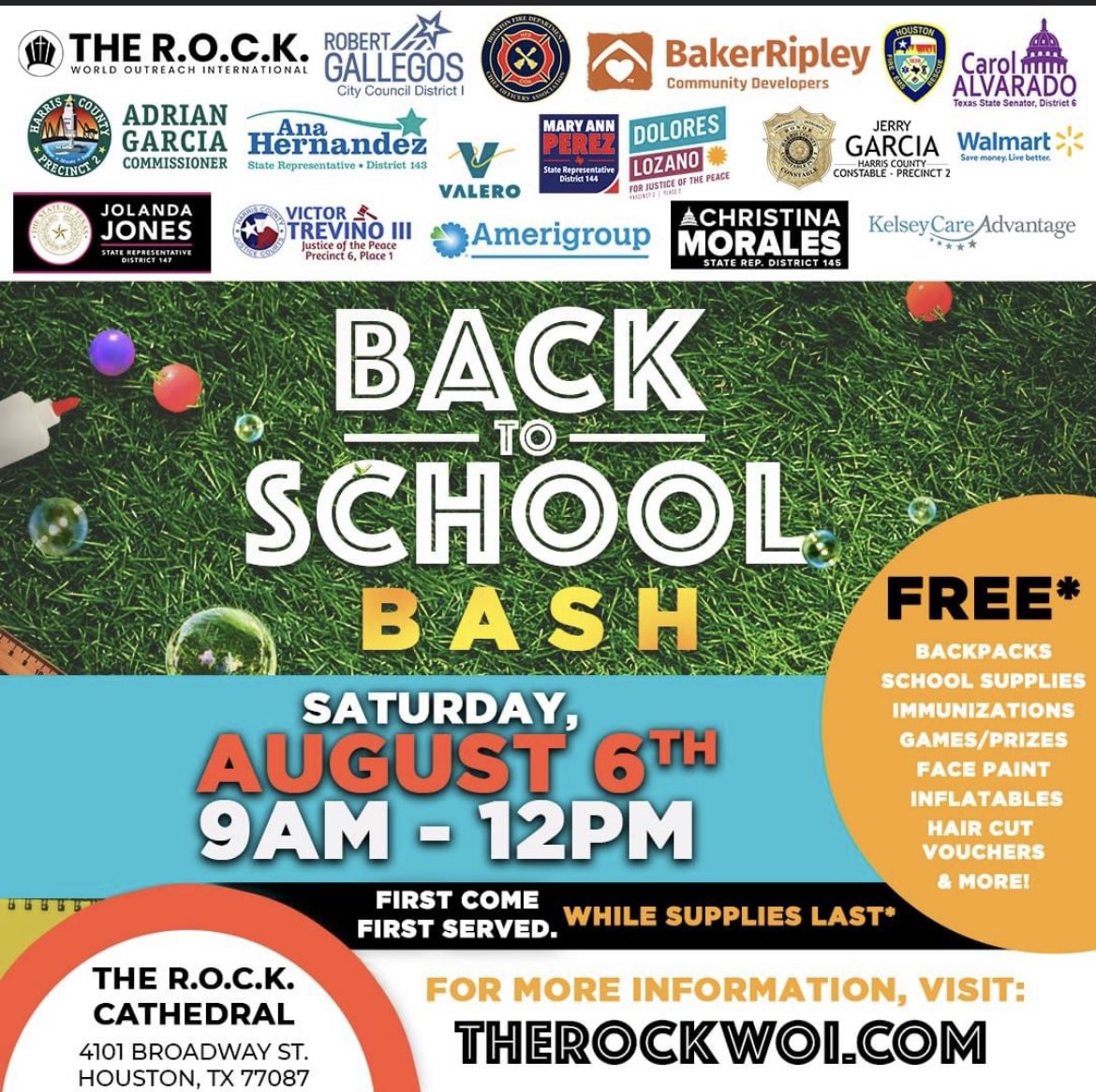 Make sure to go by the R.O.C.K. Cathedral (4101 Broadway St) this Saturday, August 6th from 9am-12pm for the Back to School Bash! There will be free backpacks, school supplies, immunizations, games, prizes, face paint, inflatables, and more.
