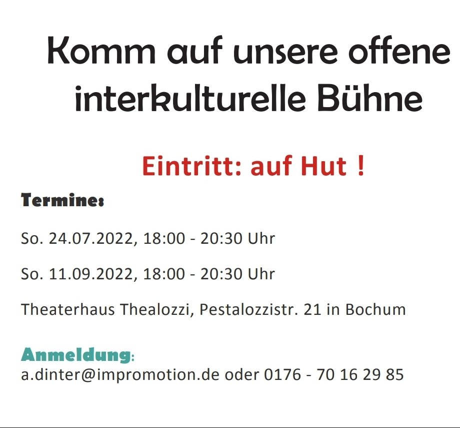 SaharRaie's tweet photo. #CaféKontankt #Bochum #Bühne #Kleinkunst 11.09./ 18 00 Uhr
kommt gerne vorbei als Publikum,
 oder meldet Euch als Künstler*innen (Tanz, Comedy, Kabarett, Lesung, Schauspiel)
2 Plots frei (2x15 Min).
Esse, Trinken ist auch da.
Danke Euch!

info@thealozzi.de 
Liebe Grüße https://t.co/xHnueJ6xxx