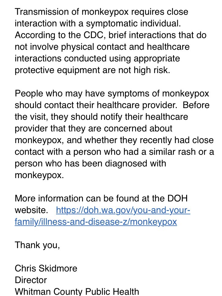 WhitmanCoWatch's tweet photo. First confirmed case of monkeypox in Whitman County announced today. https://t.co/XLbPAAywsJ