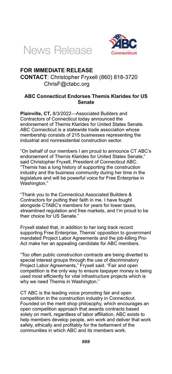 RepTKlarides's tweet photo. “On behalf of our members I am proud to announce CT ABC’s endorsement of Themis Klarides for United States Senate,” said Christopher Fryxell, President of Connecticut ABC. “Themis has a long history of supporting the construction industry and the business community…” https://t.co/lYiqBWYKvb