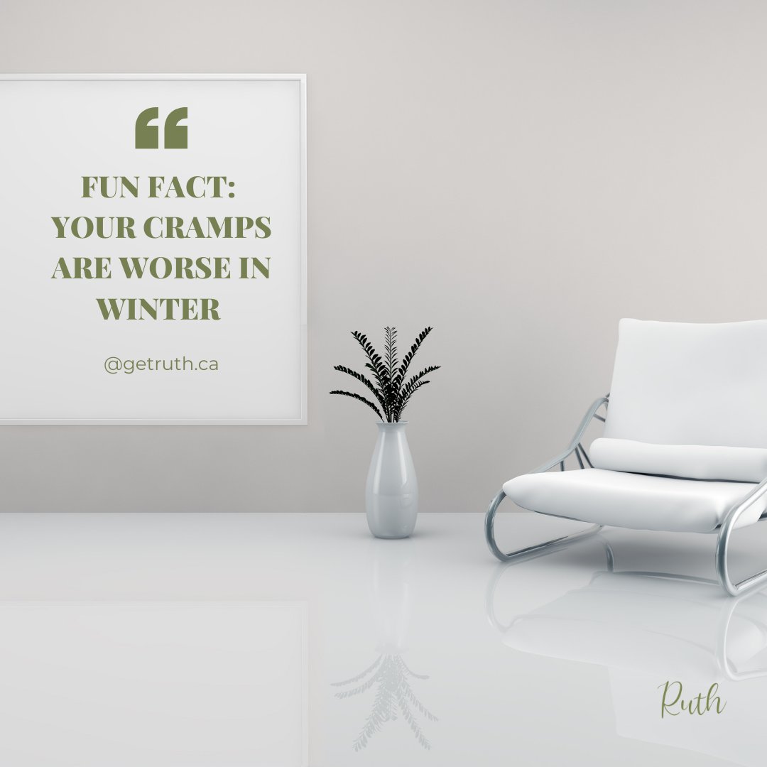 The cold weather can cause blood vessels constrict in the cold, reducing blood flow.

This in turn increases your period pain.

Visit getruth.ca for more information

#getruth #RuthforYou #sustainableliving #reduceplasticwaste #reduceplastic #sustainableswaps