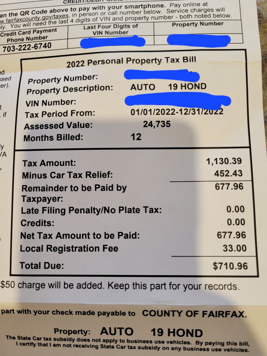 Jason_Samuels's tweet photo. @washingtonpost Fairfax County is out of control with these car tax bills. Our bill on our family SUV (2019 Honda CRV) is UP 25 percent this year from $570 to $710! Inflation and supply chain issues make things hard enough. They shouldn't mean a windfall for tax collectors https://t.co/8deMhgjo0e