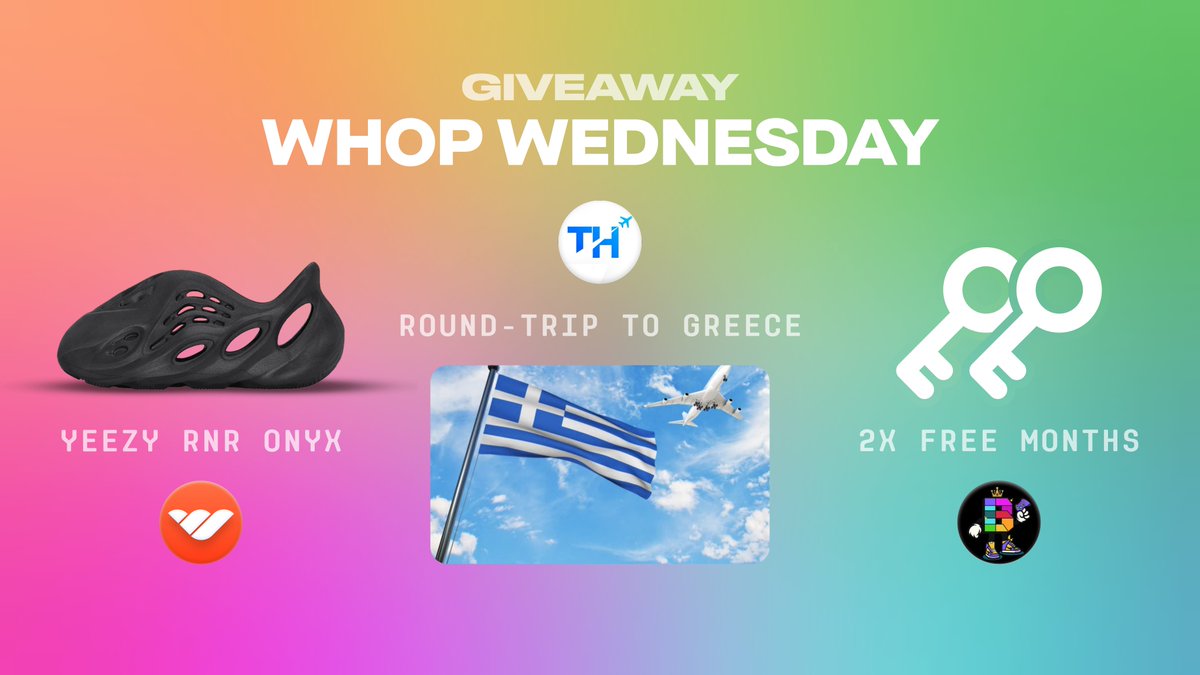 🚨 WHOP WEDNESDAY GIVEAWAY 🚨

Today we're teaming up with Travel Hacked and Bandars Bounties to give away a free round-trip flight to Greece, free Yeezys, and free keys!

To enter:
1. Follow <a href="/whop/"></a>, <a href="/BandarsBounties/">BANDAR</a> &amp; <a href="/travelhacked/">Travel Hacked</a> 
2. Like &amp; Retweet!🤘

24 hours!⏳