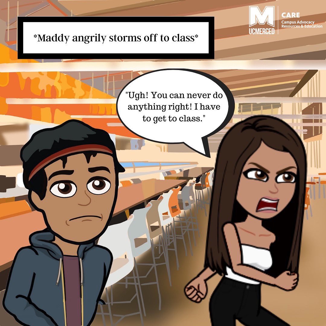 Here is our next post in the series: What are the 3 D’s? Swipe to see a bitmoji scenario where the Direct method of bystander intervention is used! (Part 2)

Summary: Maddy doesn’t like what John brought her to eat. She throws her food and tells him he can’t do anything right.