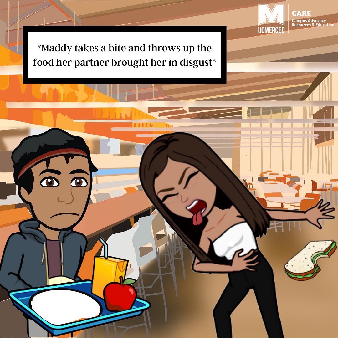 UCMCARE's tweet photo. Here is our next post in the series: What are the 3 D’s? Swipe to see a bitmoji scenario where the Direct method of bystander intervention is used! (Part 2)

Summary: Maddy doesn’t like what John brought her to eat. She throws her food and tells him he can’t do anything right. https://t.co/Yy8lpqXVsn