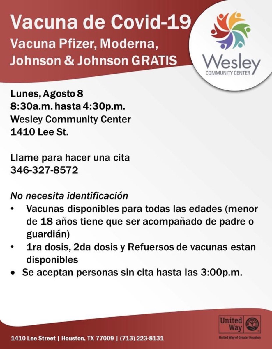Vaccine clinic next Monday, August 8th from 8:30 am to 4:30 pm at Wesley on Lee Street. It’s free!