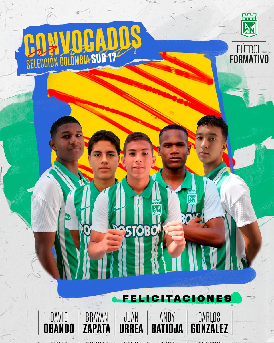 🇨🇴✋5 Verdolagas convocados por la <a href="/FCFSeleccionCol/">Selección Colombia</a> Sub 17 para un nuevo microciclo de preparación de cara al Sudamericano de la categoría.

¡David, Brayan, Juan, Andy y Carlos, #OrgulloNacional! 👏

#FormativoVerdolaga 🟢⚪