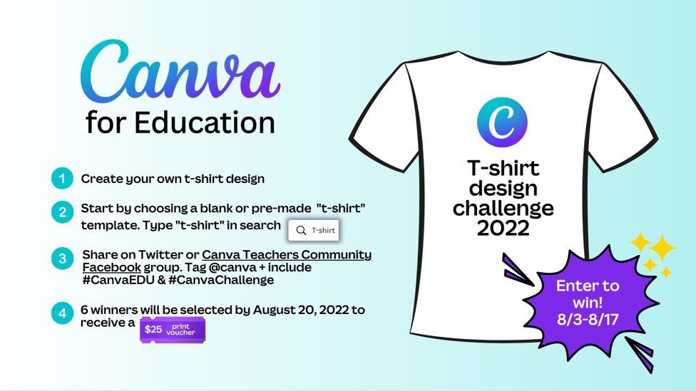 📣@Canva for EDU T-shirt design challenge!

🎨Create your own T-shirt design using a pre-made or blank "T-shirt" template

🤩Share on Twitter

🏷Tag <a href="/canva/">Canva</a> + #CanvaEDU + #CanvaChallenge

6 winners by 8/20/22 to receive a $25 print voucher!

#CanvaLove #Edtech #teaching #education