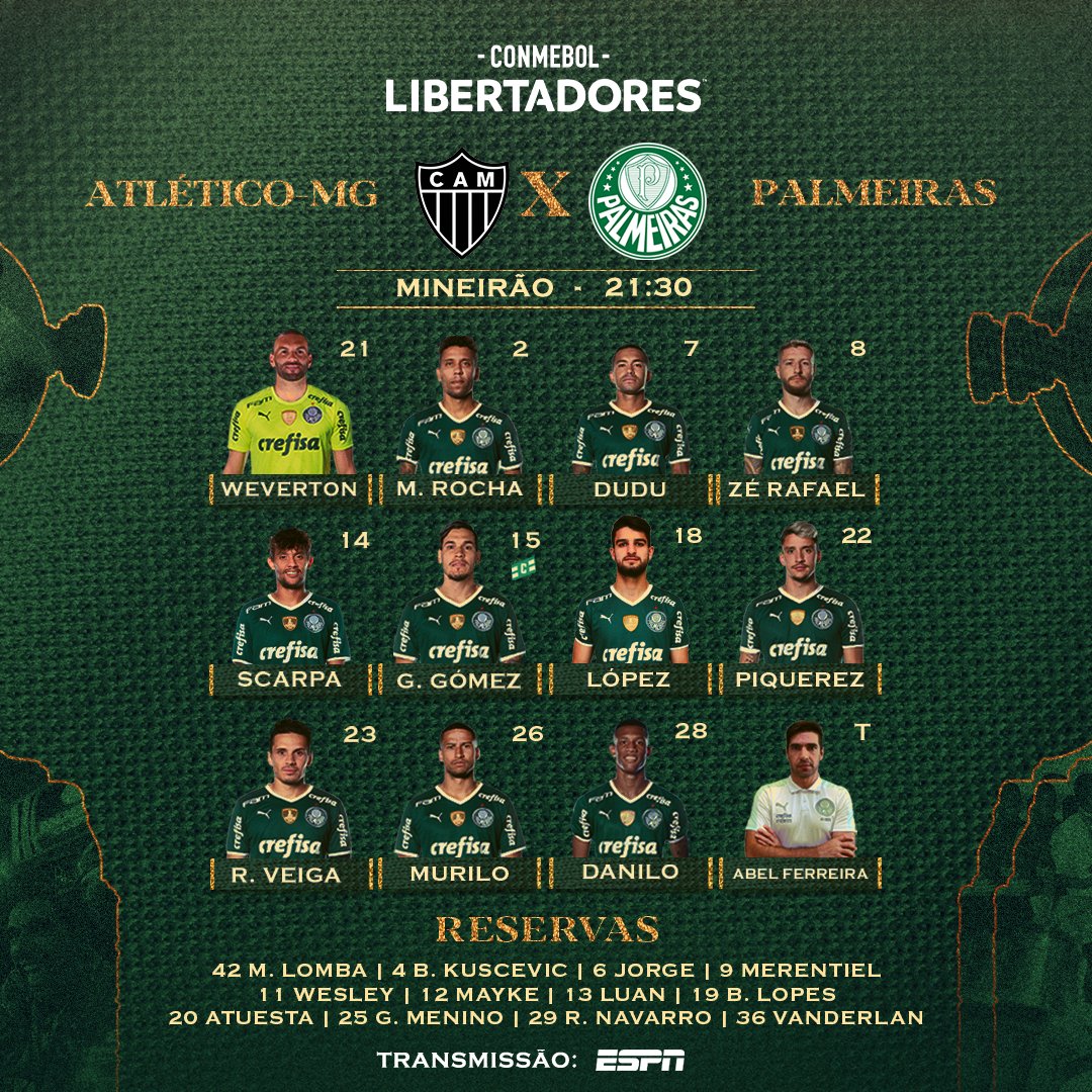 Palmeiras's tweet photo. ESTAMOS ESCALADOS PARA OS PRIMEIROS 90 MINUTOS DA DECISÃO! 👊📋

#AvantiPalestra #CAMxPAL
#AlmaECoração https://t.co/MxgGTxpXim