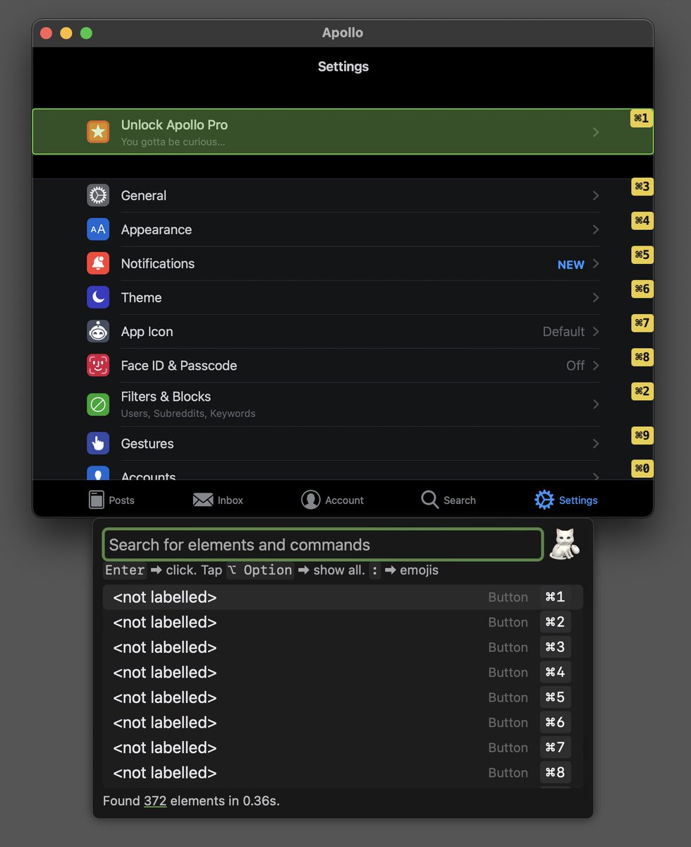 Shortcat even works on iOS apps, whether from the App Store or in the Simulator! I haven’t spent a lot of time on this so label indexing needs some work. Let me know what iOS apps you use on your Mac x.com/chendo/status/…