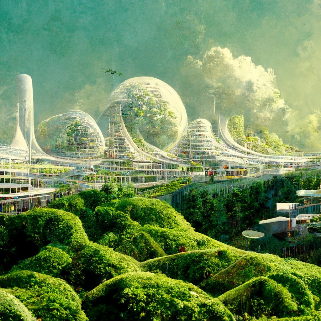 Psygaia's tweet photo. Check out this AI generated art for "ecotechnological protopia" by @midjourney. https://t.co/IrQ6NkG1ic