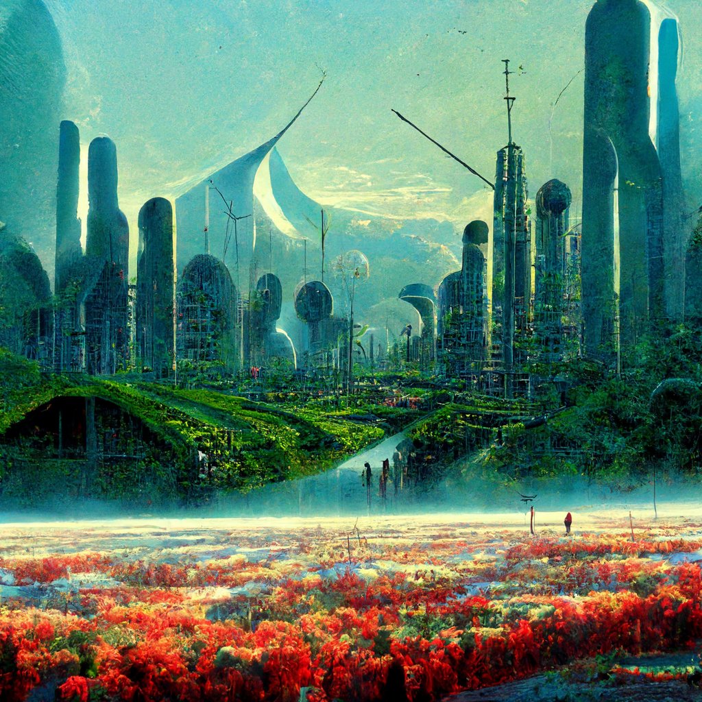 Psygaia's tweet photo. Check out this AI generated art for "ecotechnological protopia" by @midjourney. https://t.co/IrQ6NkG1ic