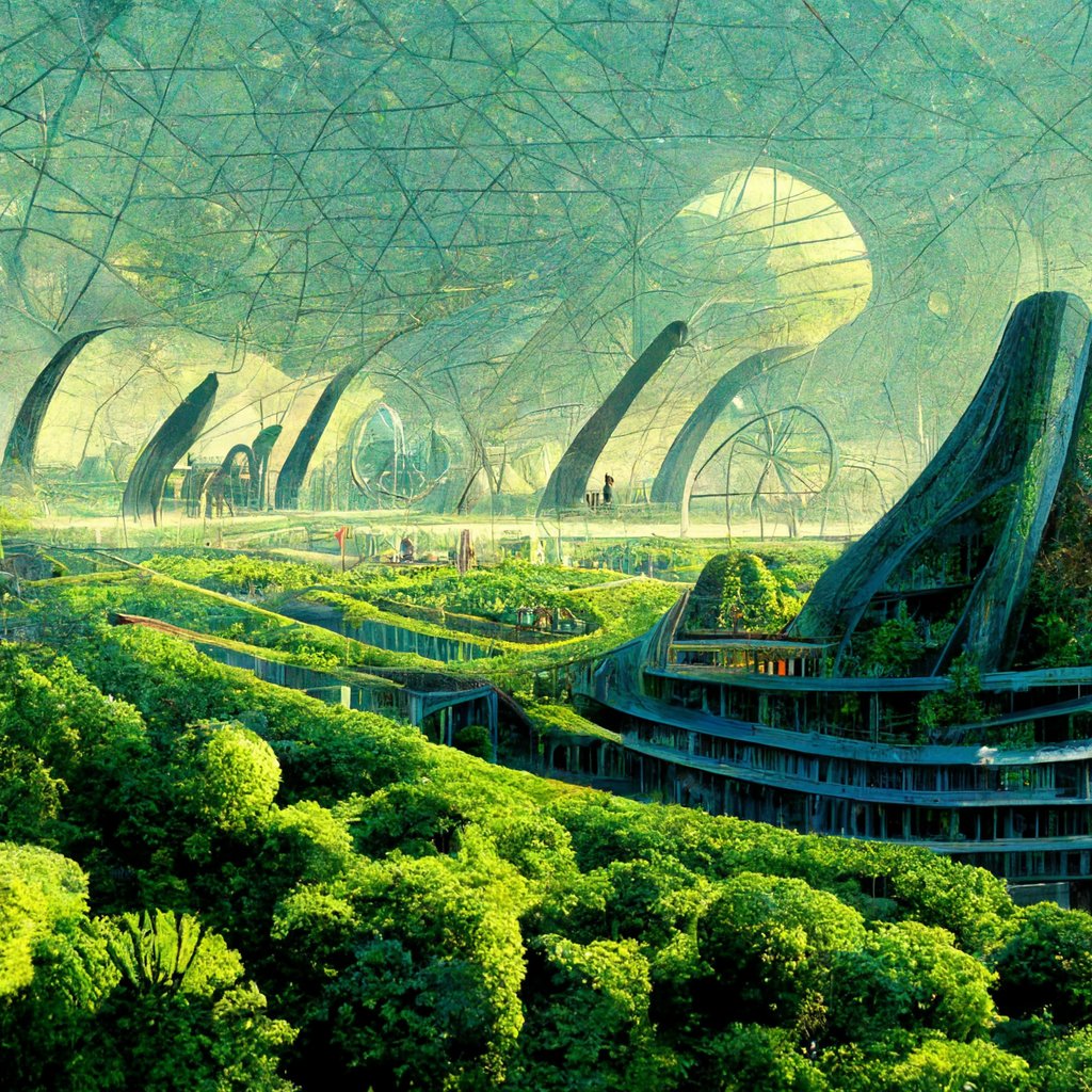 Psygaia's tweet photo. Check out this AI generated art for "ecotechnological protopia" by @midjourney. https://t.co/IrQ6NkG1ic