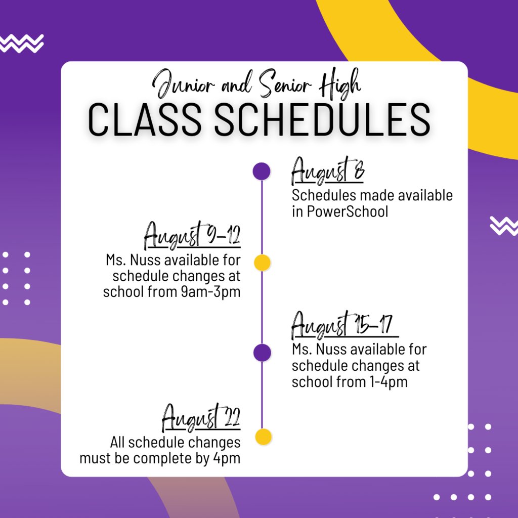 Please see the attached graphic for information regarding class schedules for students in grades 7-12.
