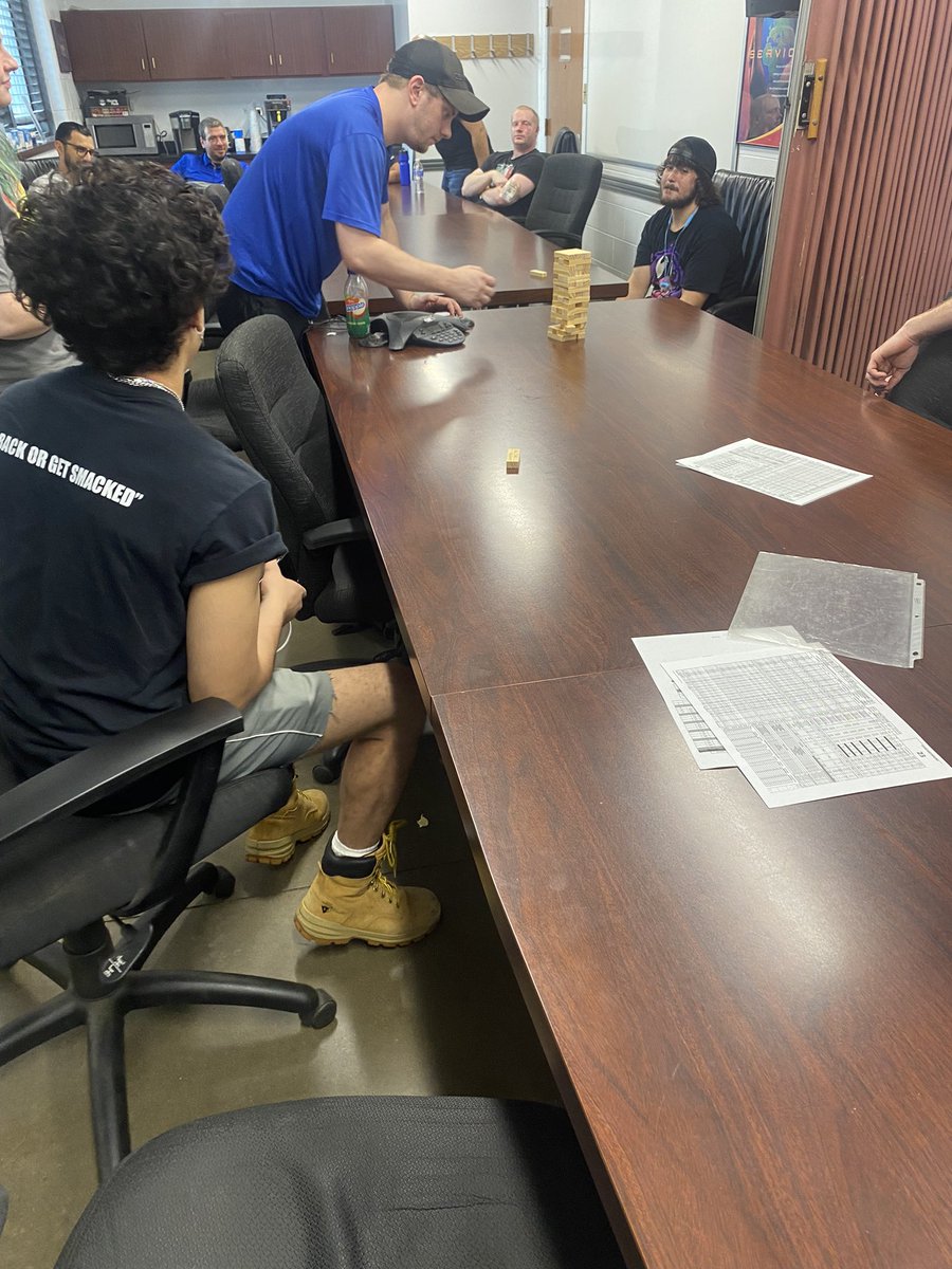 Clarissa8310's tweet photo. Palatine Twilight CHSP committee having fun during the CHSP meeting Ice breaker! We played Jenga representing the company hierarchy. Showing no matter what position you are, everyone is valuable to making the company successful. @CP_UPSers @UPSers @Jsportsnut @ExperienceUPS https://t.co/QMrTTwlN7s