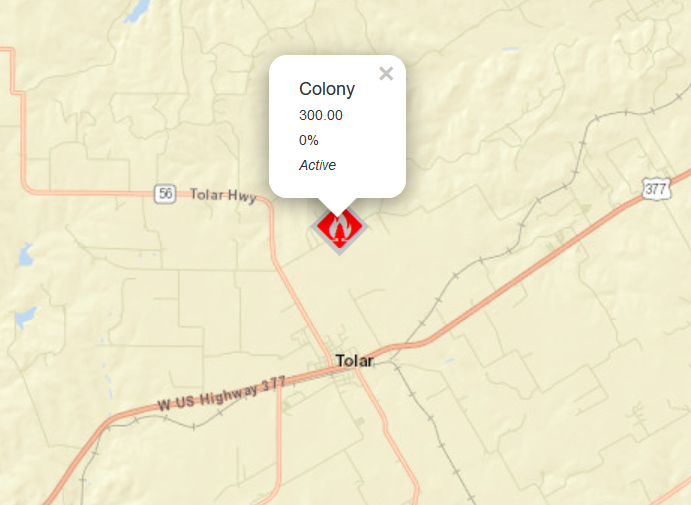 AllHazardsTFS's tweet photo. Alert: Texas A&M Forest Service is responding to a request for assistance in Hood County on the #ColonyFire. The fire is an estimated 300 acres and 0% contained. #txfire https://t.co/3wyUW2CrWP