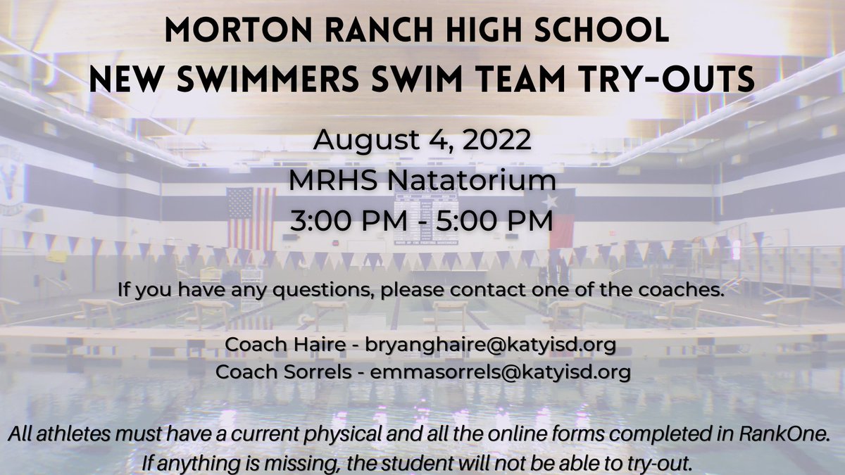 MRHS_Swimming's tweet photo. Are you interested in joining the MRHS swim team? Please come out tomorrow evening for try-outs!

*All forms must be completed on RankOne in order to try-out. This includes a current physical as well.* https://t.co/WiGjL3U0Uk