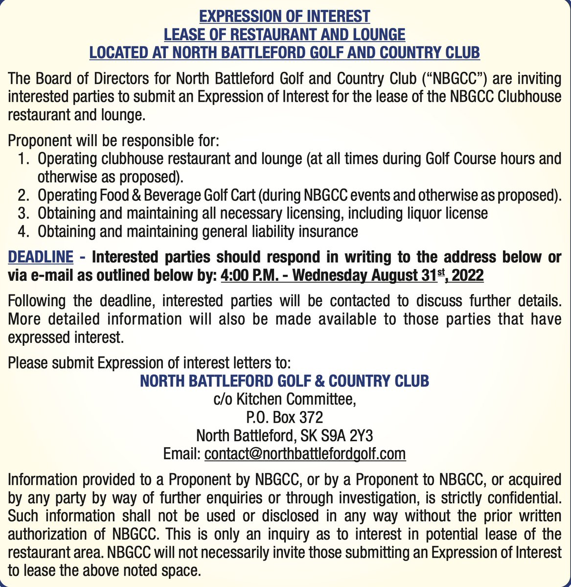 Interested in operating the NBGCC restaurant and lounge? This is your chance!

Expression of interest is open until August 31st. Full details below.
