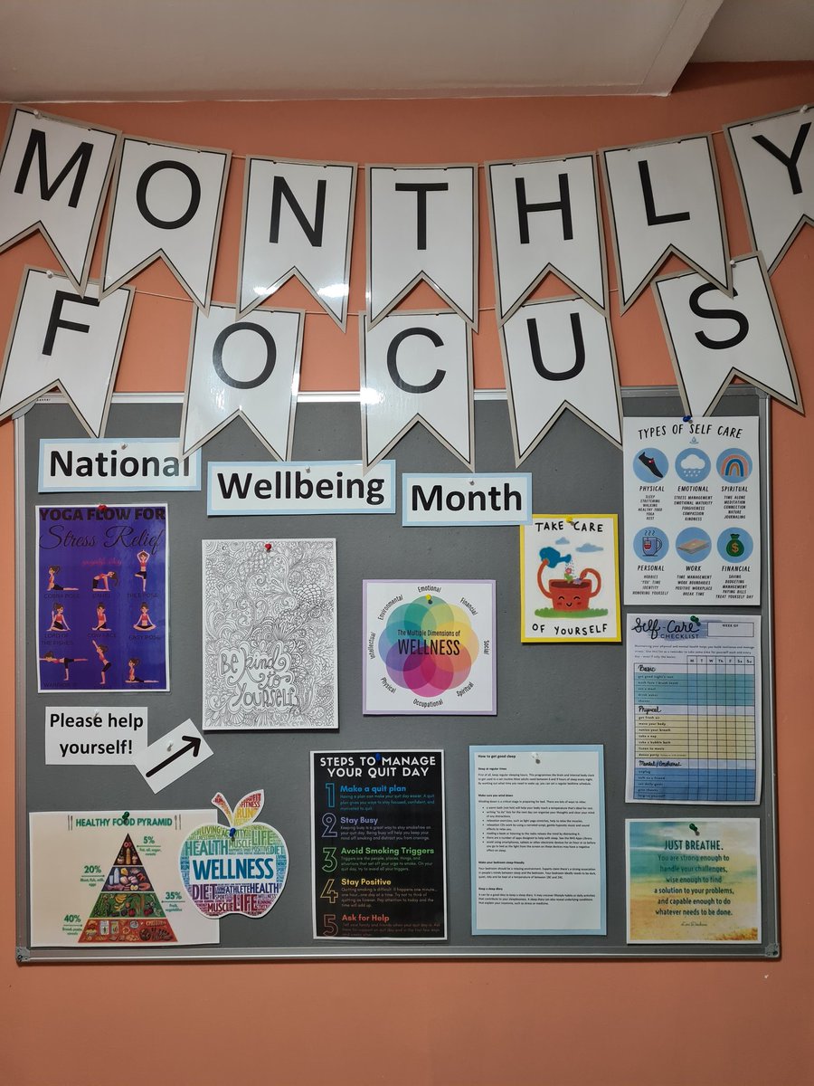 August is national wellbeing month! Lots of different ways to improve your wellbeing 🍎🧘‍♂️💤🚭 even some positive colouring pages to take away 🎨 #monthlyfocus @BunburyHouse 

Keep an eye out for a bonus display at Bunbury for August, coming soon!