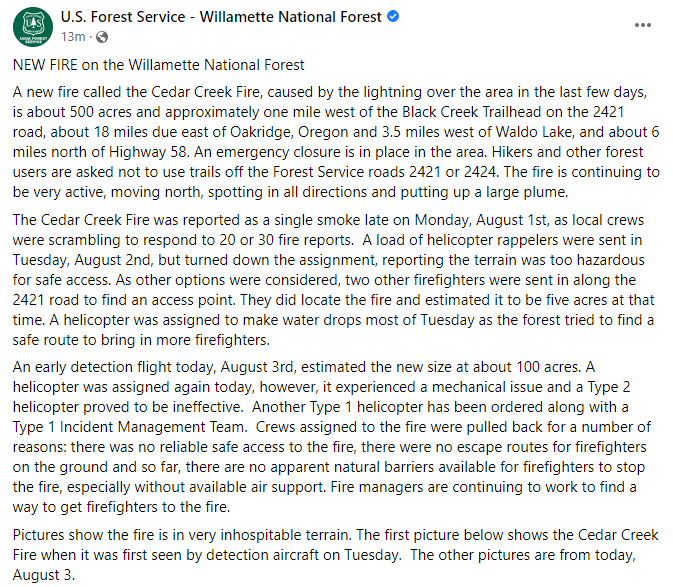 CentralORFire's tweet photo. 🔥 Update: Smoke from a new start on the @willametteNF, the Cedar Creek Fire, is impacting Bend and surrounding areas. It's ~500 acres &amp; is 3.5 miles west of Waldo Lake &amp; about 6 miles north of Highway 58.
For more information, visit: https://t.co/hI47B9DYDP
📸Round Mt Lookout https://t.co/uFJSRvQDX2