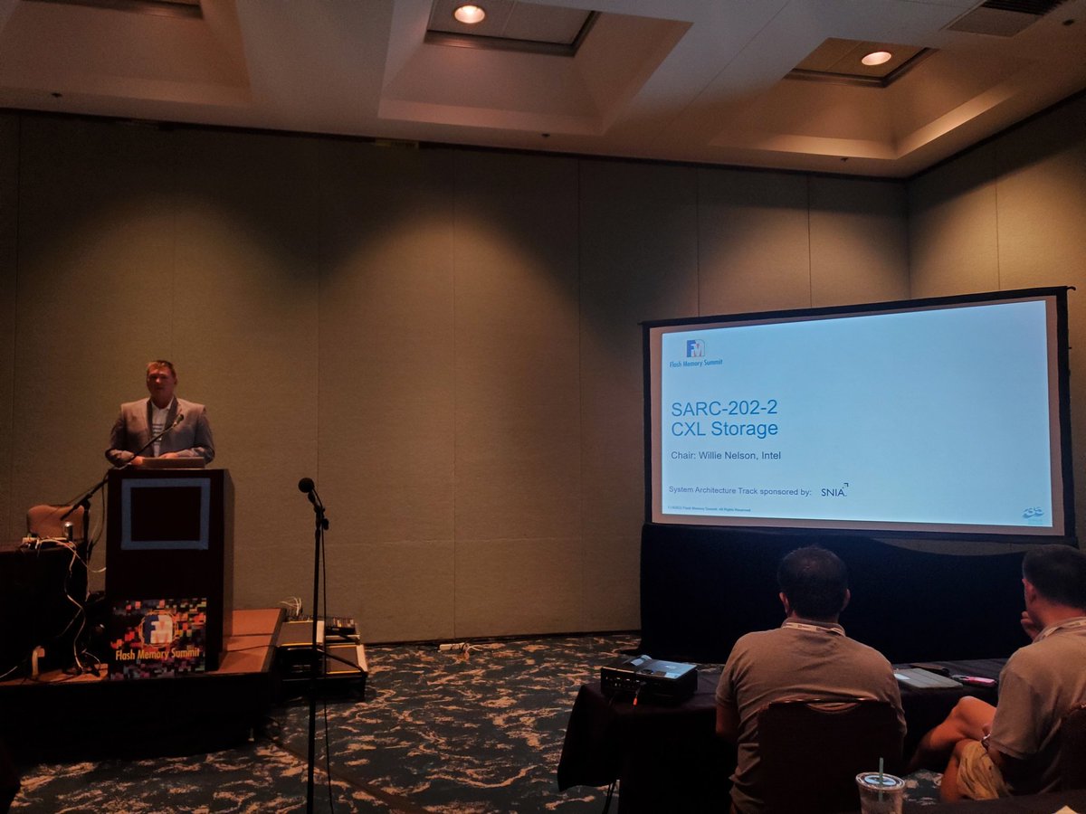 SNIA's tweet image. Finishing a great day of CXL with CXL Storage presentations from @SMARTM and @Samsung ! Thanks to @SNIACMSI Board member Willie Nelson for chairing! Don&apos;t miss tomorrow&apos;s Computational Storage day, again in Ballroom G, chaired by @JBBakerSSD of @ScaleFlux  #Fms2022