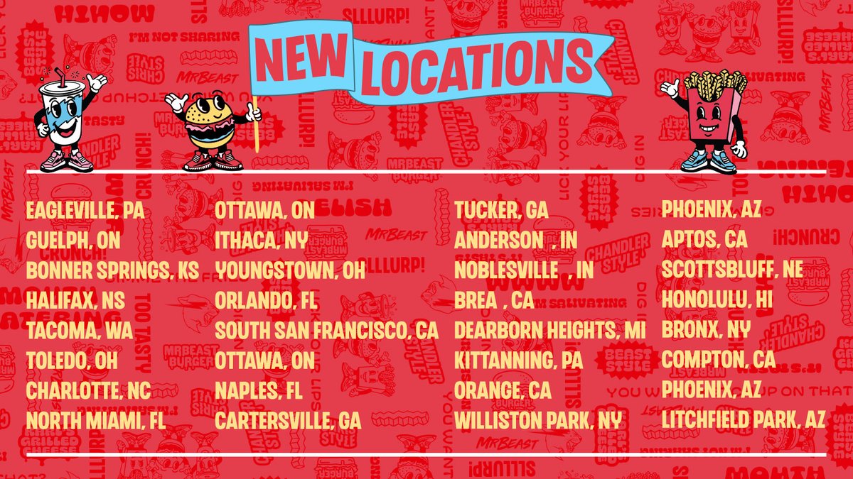 MrBeast Burger on X: more mrbeast burgers at a location near u 🔥 do u see  ur city? 🍔  / X