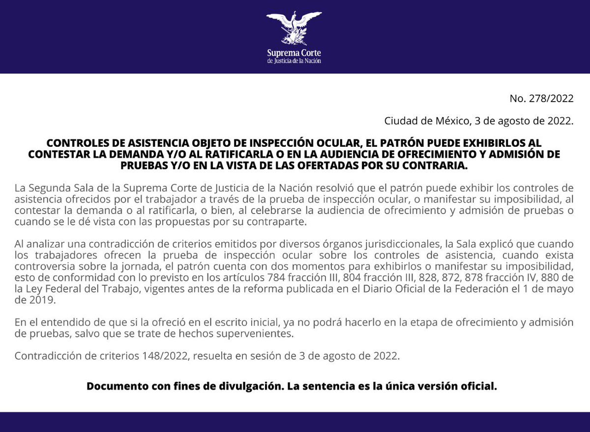 SCJN's tweet photo. El patrón puede exhibir controles de asistencia objeto de la prueba de inspección ocular al contestar la demanda o al ratificarla, o bien, en la audiencia de ofrecimiento y admisión de pruebas o en la vista que se le da con los ofertados por su contraparte: #SegundaSalaSCJN https://t.co/yxbAhKOVde