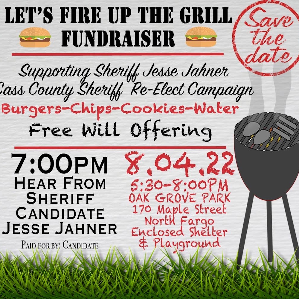 Remember that you don't need to cook tomorrow night. Come to the Jahner For Sheriff Fundraiser and enjoy a burger. Let the kiddos play in the playground.