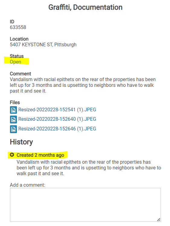 Hey <a href="/Pgh311/">Pittsburgh 311 Response Center</a> - residents have been filing complaints about racist, offensive vandalism at the rear of 5407 Keystone (visible from Natrona Way) for months with no action from City or owners. No one should have to walk past this every day. <a href="/Pittsburgh/">City of Pittsburgh</a> <a href="/DebGrosspgh/">Deb Gross</a> <a href="/PGHDistrict7/">Deb Gross</a>