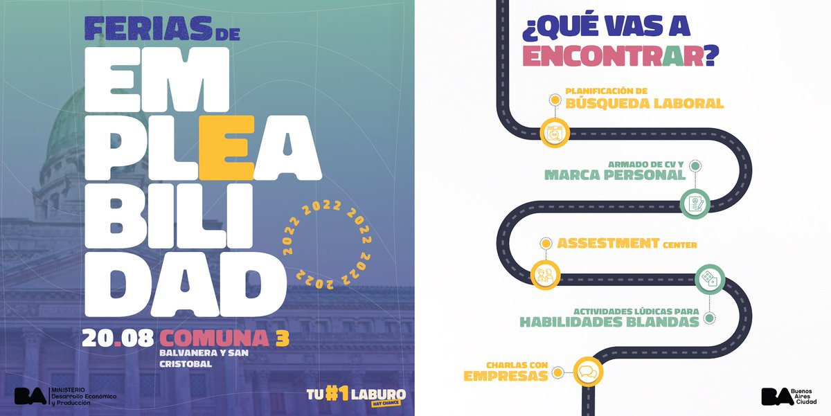 ⚡️Emprendé la ruta hacia Tu #1Laburo  🛣 con la quinta edición de la #FeriaDeEmpleabilidad
 
🗓 20/08
📍Comuna 3
 
❗️Requisitos
Tener entre 18 y 35 años👫
Residir en CABA
 
Para inscribirte 👉 bit.ly/3Q08ZPp