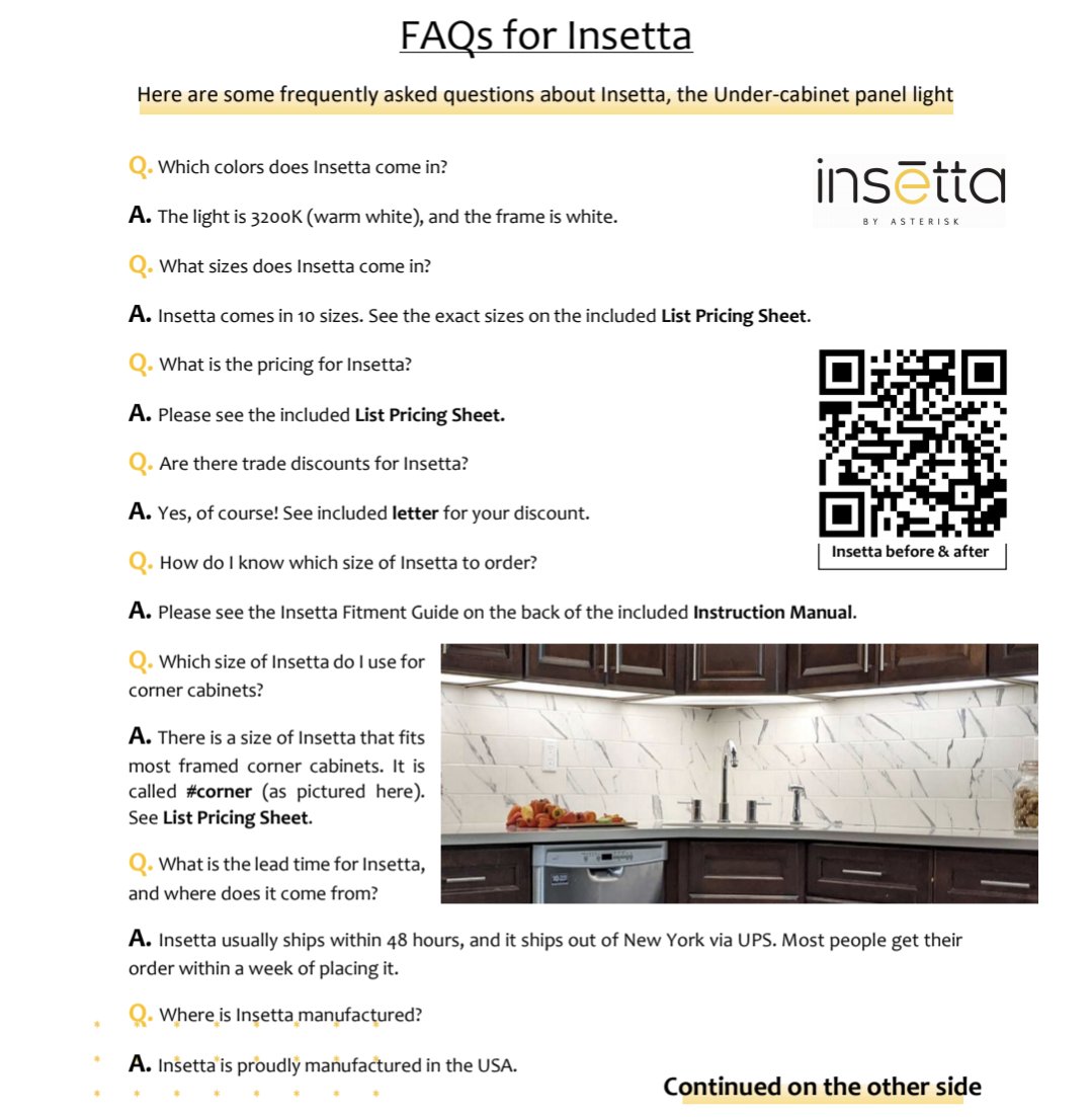 asterisk_lights's tweet photo. FAQs about Insetta

Q. Which colors does Insetta come in? 
A. The light is 3200K (warm white), and the frame is white. 
Q. What sizes does Insetta come in? 
A. Insetta comes in 10 sizes. See the exact sizes on the included List Pricing Sheet..... https://t.co/IYAZXNiVBp