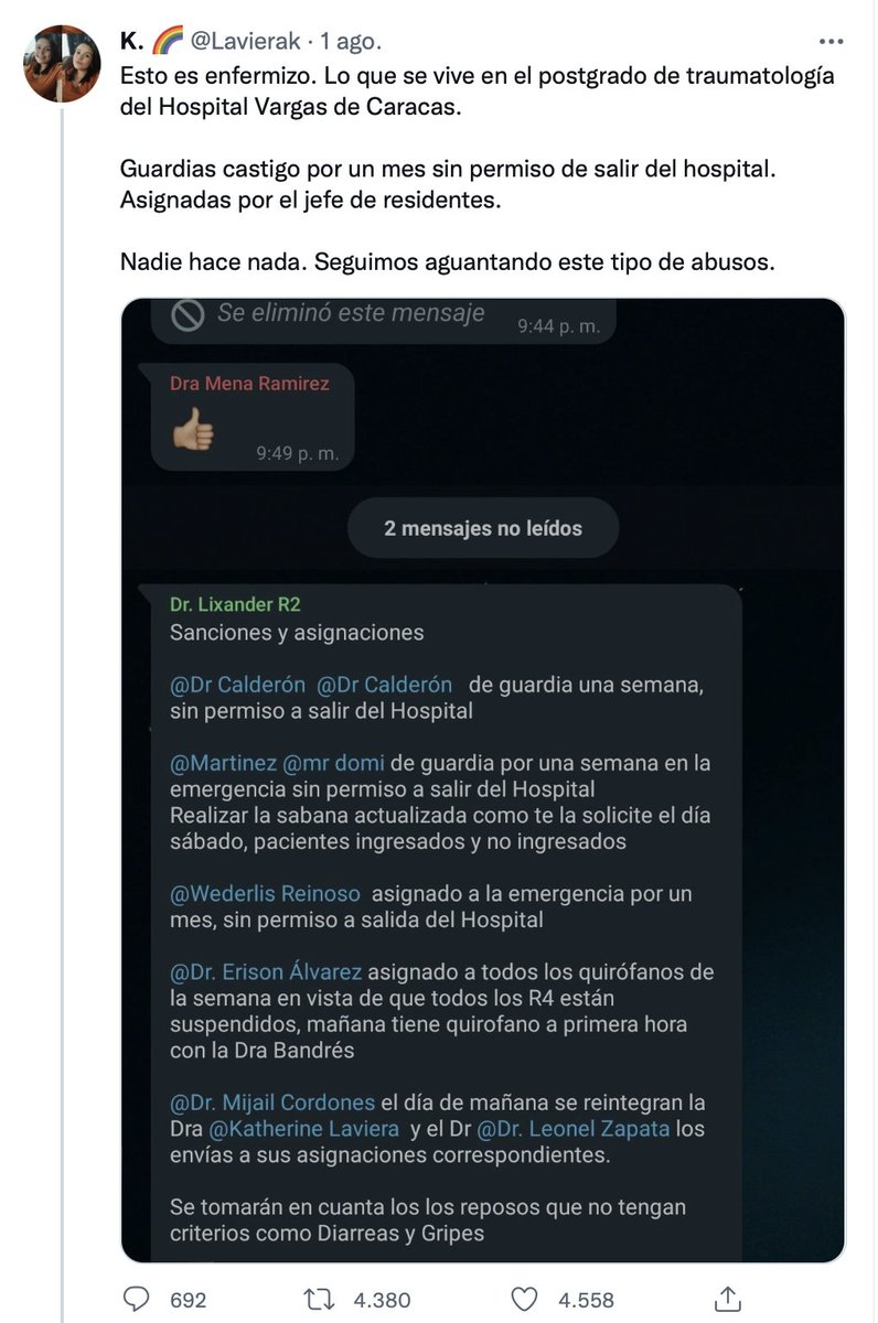 Naky's tweet photo. El maltrato no educa https://t.co/8ucYB2D0oh
Botaron del posgrado en #Traumatología del #HospitalVargas de Caracas a una cursante que se atrevió a describir en Twitter los abusos a los que son sometidos. Como la descripción se viralizó, la botaron ayer 😱

#DDHH https://t.co/j81zE7uCrP