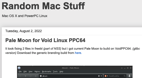 mpc7500v2's tweet image. #PaleMoon for #VoidLinux #PPC64 
randommacstuff.blogspot.com/2022/08/pale-m…

#PowerPC