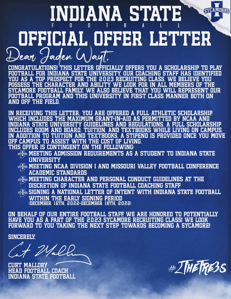 JadenWayt's tweet photo. I’d like to thank every football coach I’ve had. I would not be here without all of you. With that being said, I have COMMITTED to play football at @IndStFB. Thank you @CmalryMallory @COACHCOFFER and the entire ISU staff!! Go Sycamores!! @CoachBlundell @PrepRedzoneIN @Bryan_Ault https://t.co/9vIZN1Bv9M
