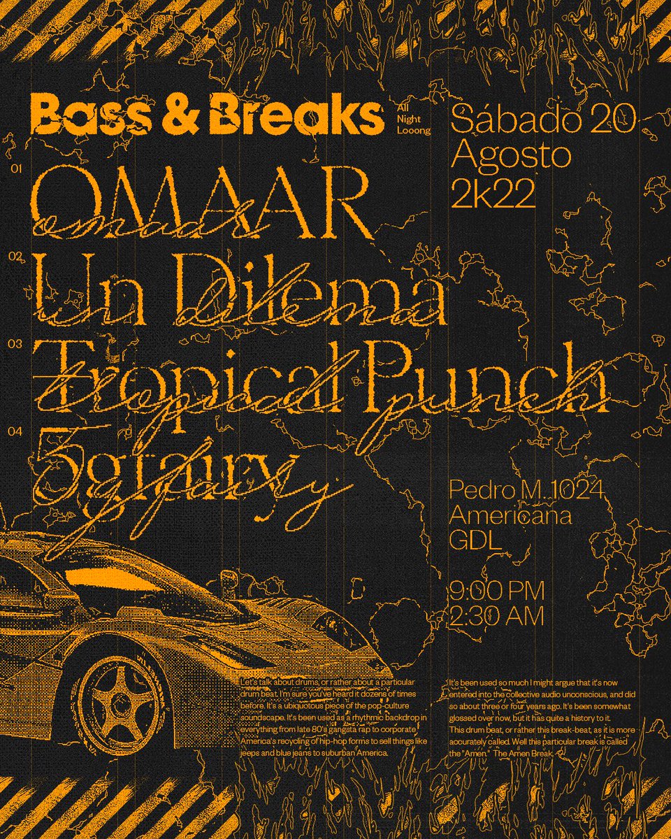OMAAR por primera vez en Guadalajara tronando el Bass &amp; Breaks junto con un lineup queridísimo en la casa • 20 de Agosto 2k22 🛞🏁

<a href="/OMVVR/">O•M•A•A•R</a> • @_undilema_ • @ponchetropical • #5gfairy