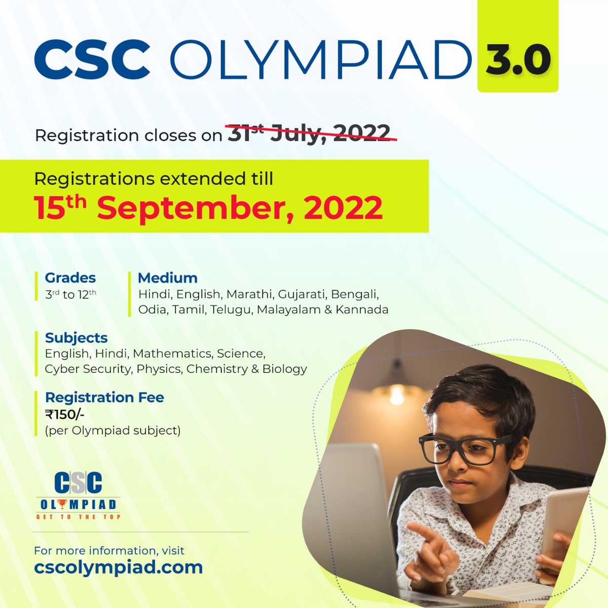 CSCMinjur's tweet photo. CSC Olympiad Registrations extended till 15th Sept 2022

#CSCOlympiad #DigitalIndia #RuralEmpowerment #CSC https://t.co/JmJa8uUjgY