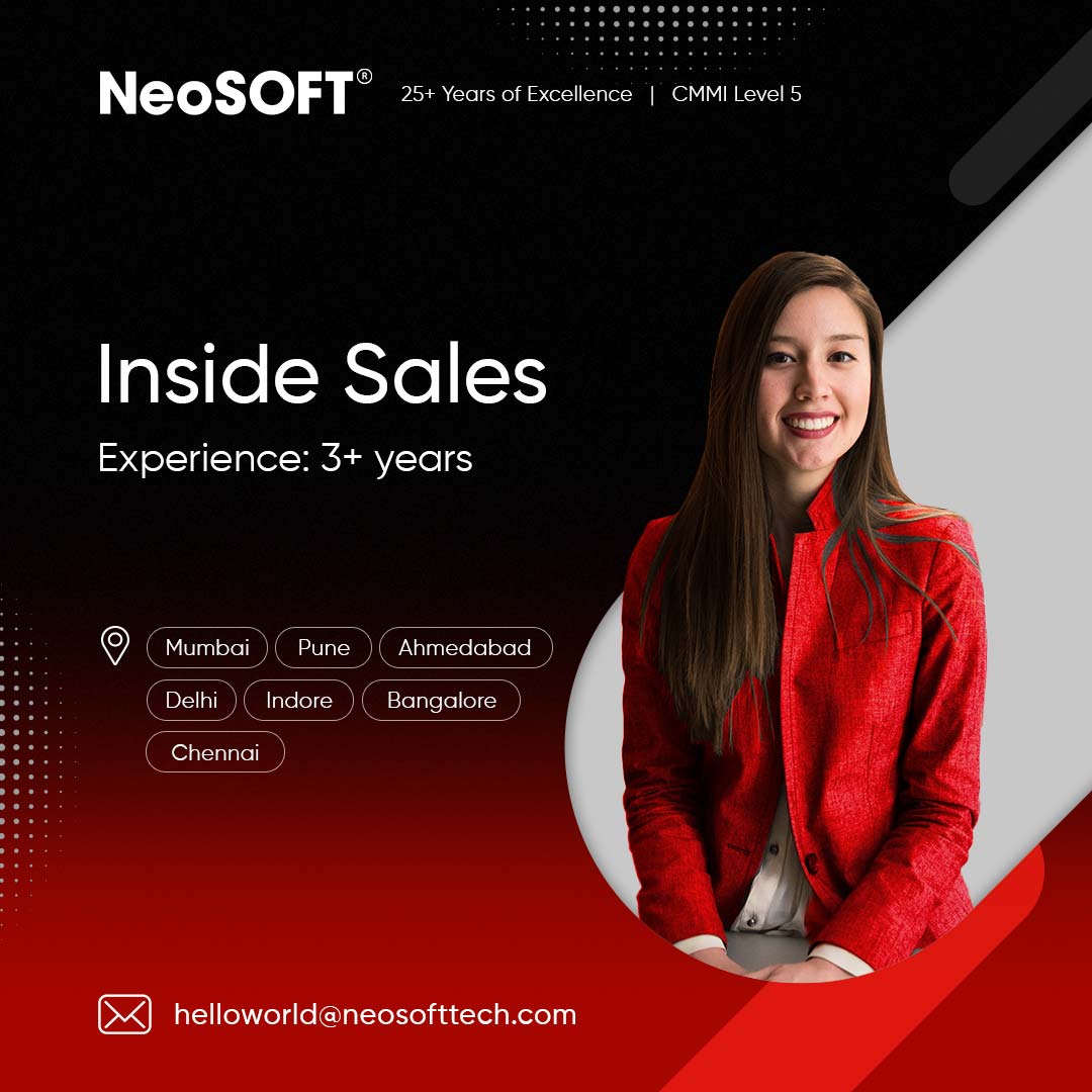 neosoftofficial's tweet photo. Attention Inside Sales reps!
#NeoSOFT has an excellent opportunity for Inside Sales representatives, offering global exposure and charts a stellar career path.
Interested candidates can send their CVs to helloworld@neosofttech.com https://t.co/l6ONifjo6K