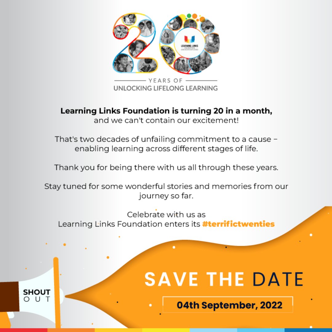 LLF_IN's tweet photo. #LearningLinksFoundation turns 20 in a month! Stay tuned to this space for some interesting stories in your feed to inspire your days.

#LLFturns20 #terrifictwenties #unlocklifelonglearning #EducationMeetsLearning #innovationineducation #leavenoonebehind #EmployabilitySkills https://t.co/4JIx4kUl6F
