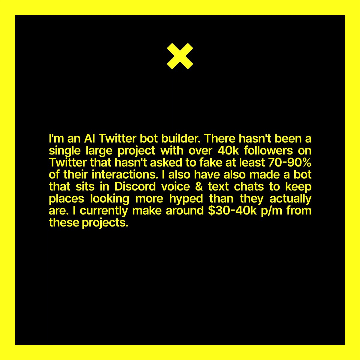 coinfessions's tweet photo. There hasn't been a single large project with over 40k followers on Twitter that hasn't asked to fake at least 70-90% of the interactions. https://t.co/lArBHvuauk