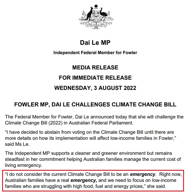TimjboAU's tweet photo. At least there's one good independent.. Dai Le MP
#Fowler
"I do not consider the current #ClimateChange Bill to be an emergency"
#Albo and his team #GreenLabor are all money wasting drama queens out to fleece us with costly unproven #UN #WEF wealth redistribution ideology. https://t.co/ZD2Uq7Z31a
