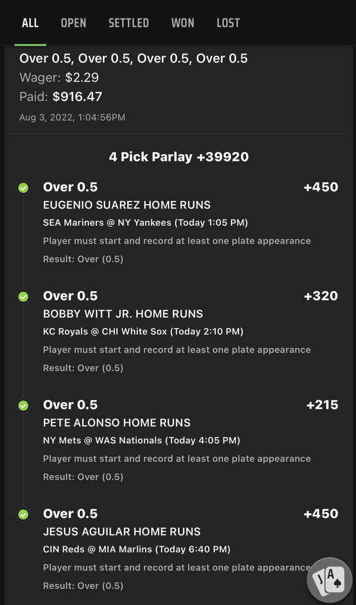 riggggss's tweet photo. +39,920?!?!? 

Suarez +450 ✅
Witt +320 ✅
Alonso +215 ✅
Aguilar +450 ✅

How many longer odds HR parlays have hit this year? Can’t be many…

#GamblingTwitter #DraftKings #FanDuel #DingerTuesday
@DKSportsbook @OddsCheckerUS @Pickswise @br_betting @FDSportsbook https://t.co/RWBJqekmHK