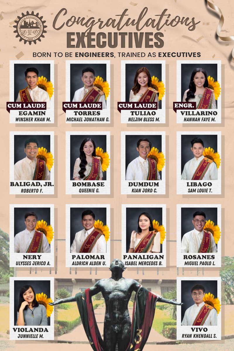 CEO_Executives's tweet photo. 𝐏𝐀𝐃𝐀𝐘𝐎𝐍, 𝐂𝐋𝐀𝐒𝐒 𝐎𝐅 𝟐𝟎𝟐𝟐!
𝘊𝘪𝘷𝘪𝘭 𝘦𝘯𝘨𝘪𝘯𝘦𝘦𝘳𝘪𝘯𝘨 𝘌𝘹𝘦𝘤𝘶𝘵𝘪𝘷𝘦 𝘖𝘳𝘨𝘢𝘯𝘪𝘻𝘢𝘵𝘪𝘰𝘯 (𝘊𝘌𝘖) 𝘸𝘢𝘳𝘮𝘭𝘺 𝘤𝘰𝘯𝘨𝘳𝘢𝘵𝘶𝘭𝘢𝘵𝘦𝘴 𝘵𝘩𝘦 𝘨𝘳𝘢𝘥𝘶𝘢𝘵𝘪𝘯𝘨 𝘌𝘹𝘦𝘤𝘶𝘵𝘪𝘷𝘦𝘴 𝘧𝘰𝘳 𝘚𝘢𝘣𝘭𝘢𝘺 2022.
#ParaSaBayan
#UPLBSablay2022 https://t.co/99Klc9nw0r