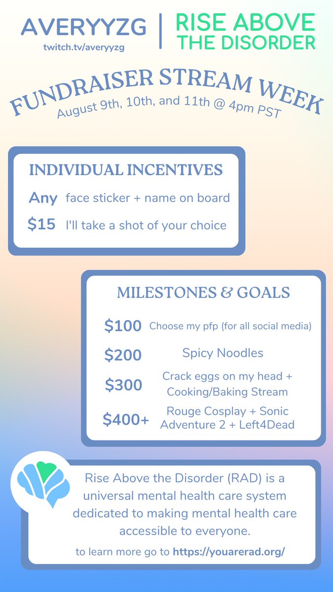 averyzg_'s tweet photo. Exciting Announcement 🎉

To celebrate my 1 year streamaversary I will be hosting my first ever charity stream next week! We will be raising money for Rise above the Disorder! 

Down below is the stream schedule and incentives! Hope to see you there! 🤍 https://t.co/UcAQXzOxDy