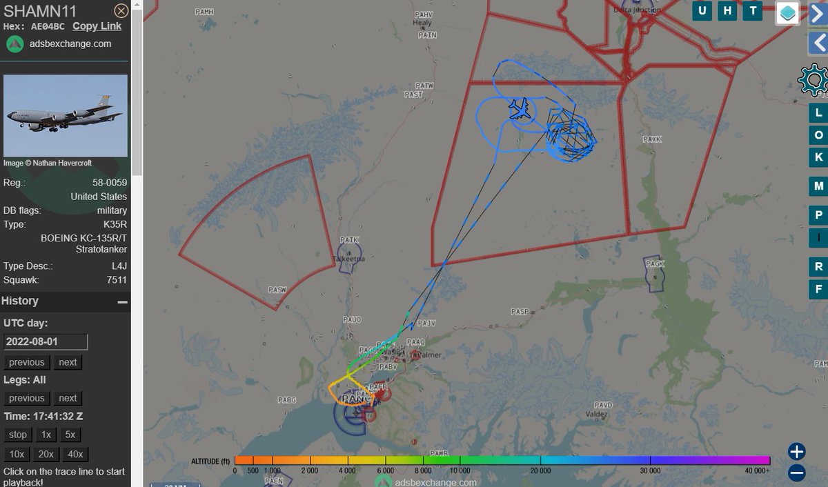 IntelWalrus's tweet photo. At least one of the KC-135 Stratotankers involved was broadcasting its position above the Air Force's Joint Pacific Alaskan Range Complex. SN 58-0059, Callsign SHAMN11 was supporting the fighter jets. The JPARC is the world's largest combat training range in the world. #AE04BC https://t.co/vqYp4NQNRj